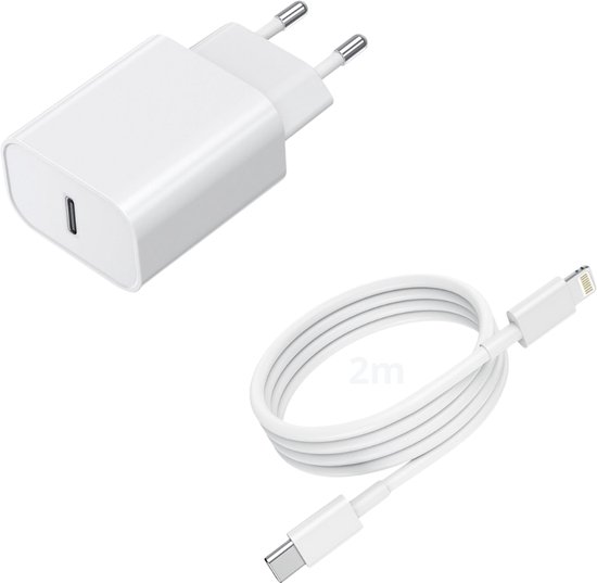 ElektroXL Snellader - Oplader iPhone - Adapter & USB C naar Lightning Kabel - Geschikt voor iPhone 14/13/12/11/Xr/Xs/Xs Max/8/8 Plus/ Pro - Telefoon Oplader - Veilig en Betrouwbaar - 2 Meter Kabel - 20W