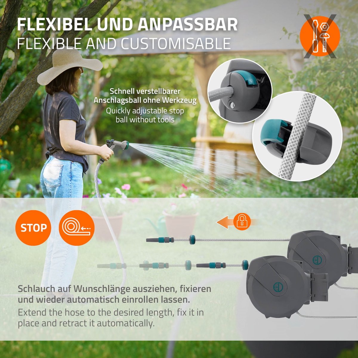 ECD Germany rollup tuinslanghaspel 15m+1,5m muurgemonteerde slanghouder met automatisch oprolmechanisme vergrendelingssysteem 9 sproeifuncties 180° zwenkbaar waterslangbox voor wandbevestiging ideaal voor tuin en terrasonderhoud – foto 8
