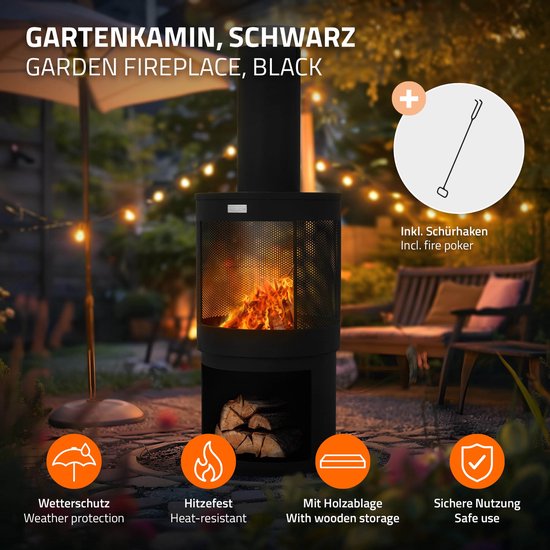 Zwarte tuinhaard met vuur, hout, pook, beschermkap en de tekst 'GARTEN KAMIN SCHWARZ'.