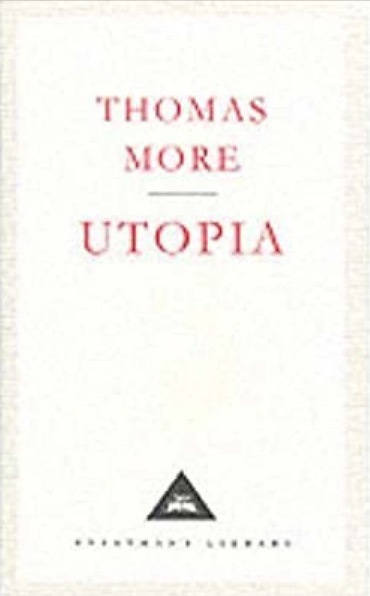 Boekomslag van Utopia door Thomas More met rode tekst op een witte achtergrond en een zwart driehoekig logo onderaan.