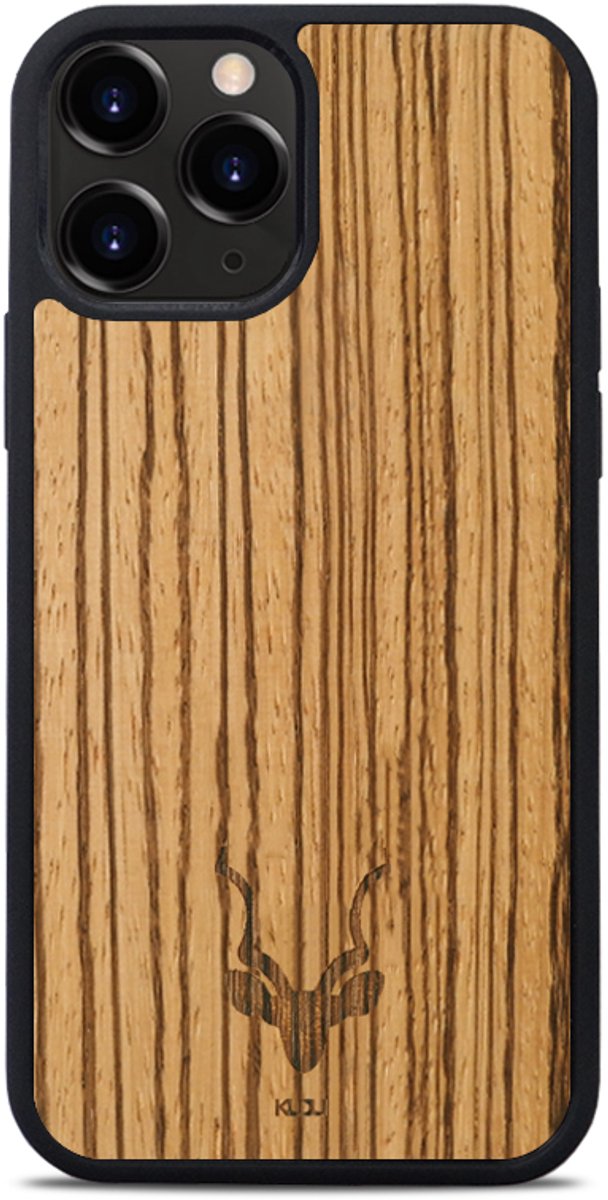 Kudu iPhone 15 Pro hoesje case - Houten backcover - Handgemaakt en afgewerkt met duurzaam TPU - Zebrano - Zwart