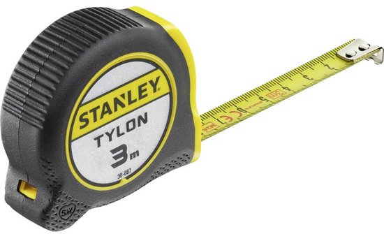 Stanley Tylon rolbandmaat 3m, zwart met geel, met uitgetrokken meetlint.