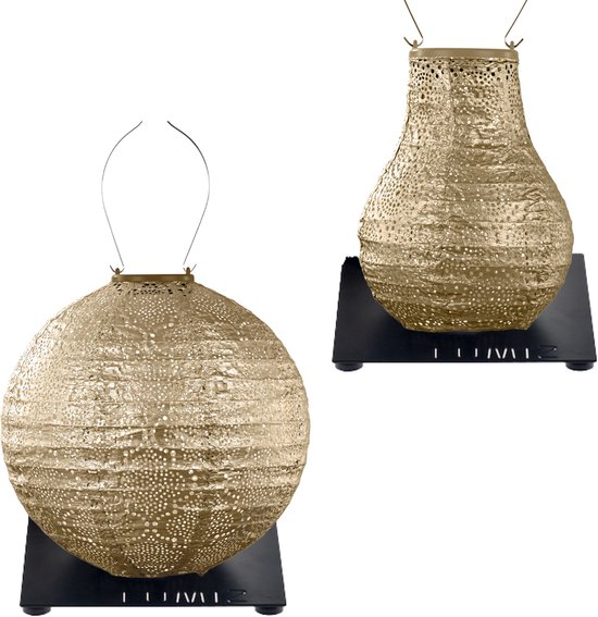 Gouden ronde en vaasvormige lampionnen op zwarte Lumiz basisplaten.