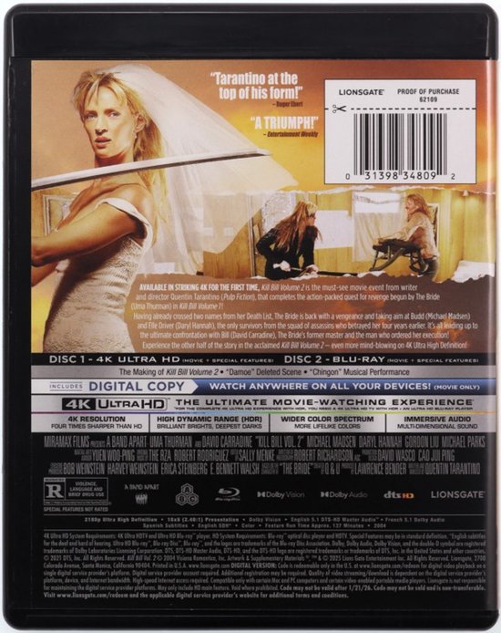 Kill Bill Vol. 2 Blu-ray hoes, met Uma Thurman in witte bruidskleding, zwaaiend met een katana.
