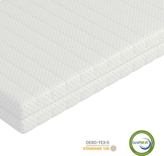 Detail van wit koudschuim matras met stippenpatroon. CertiPUR® en Oeko-Tex gecertificeerd.