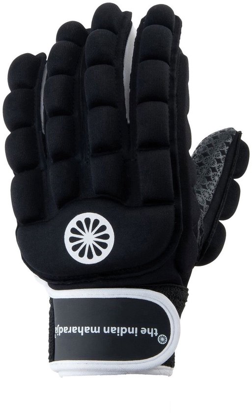 Zwarte "foam full finger" handschoen, handzijde met logo, witte band.