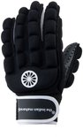 Zwarte "foam full finger" handschoen, handzijde met logo, witte band.