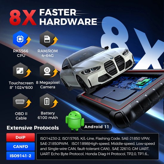 Autel diagnostic tablet op de motorkap van een witte BMW. Tekst: '8X FASTER HARDWARE' en lijsten met specificaties en protocollen.