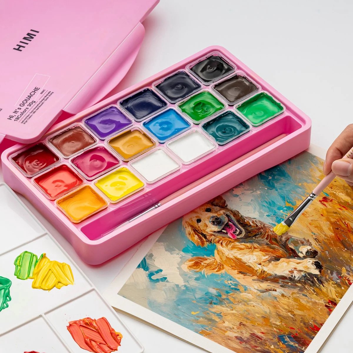HIMI - Gouache - set van 18 kleuren - 30gr - 3 penselen - Roze — afbeelding 8