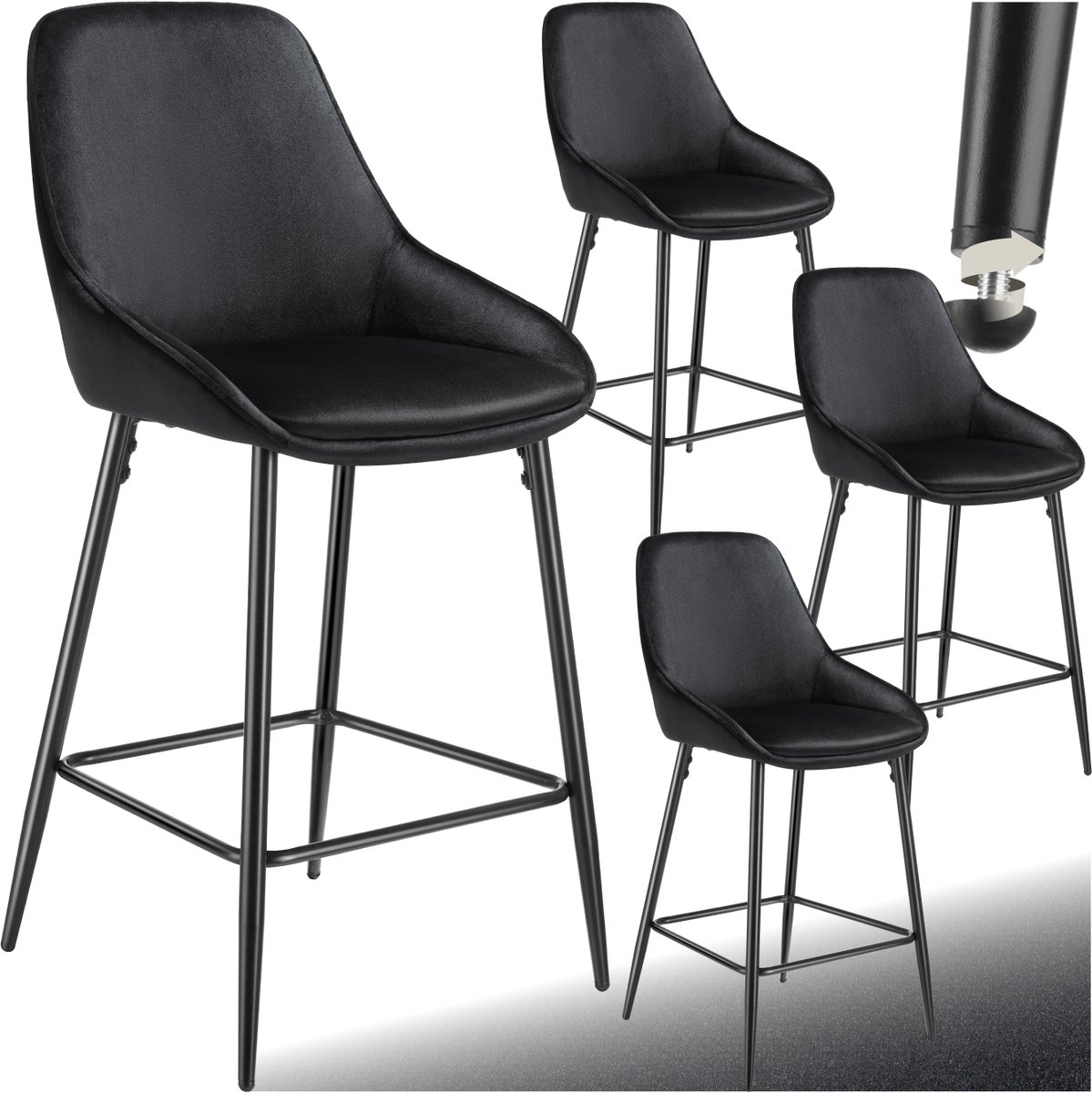 Tectake Set van 4 Barkrukken Siera - Gestoffeerde Barkruk met rugleuning - Barstoelen - Barstoel met voetensteun - Eetkamerstoel met fluweellook bekleding en zachte schuimvulling - Stevige stalen poten met antislip vloerbescherming - Zwart
