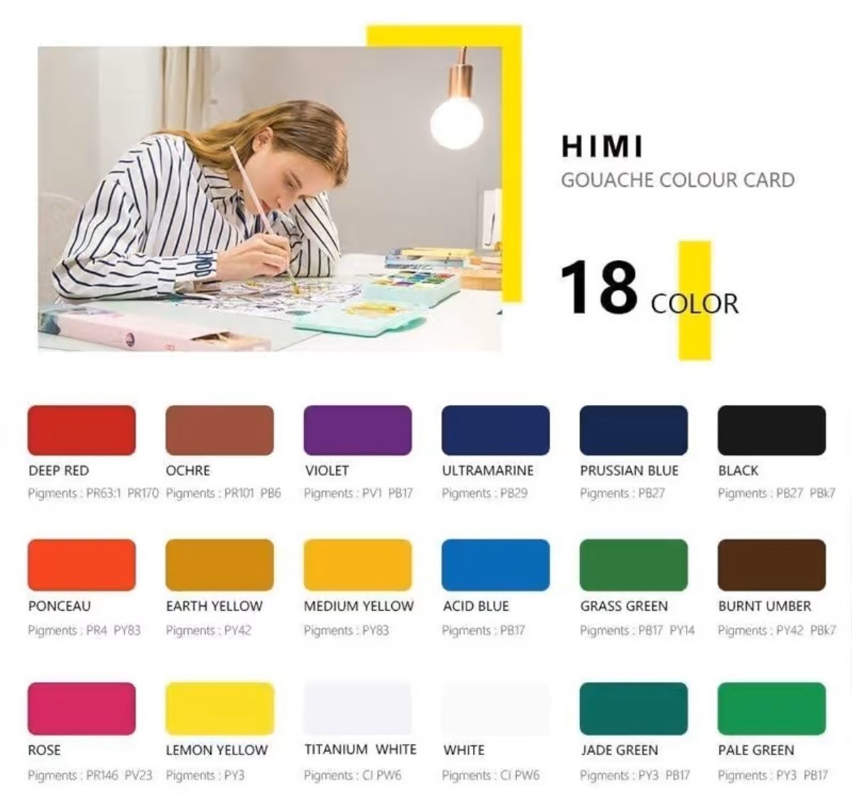 HIMI - Gouache - set van 18 kleuren - 30gr - 3 penselen - Groen — afbeelding 4