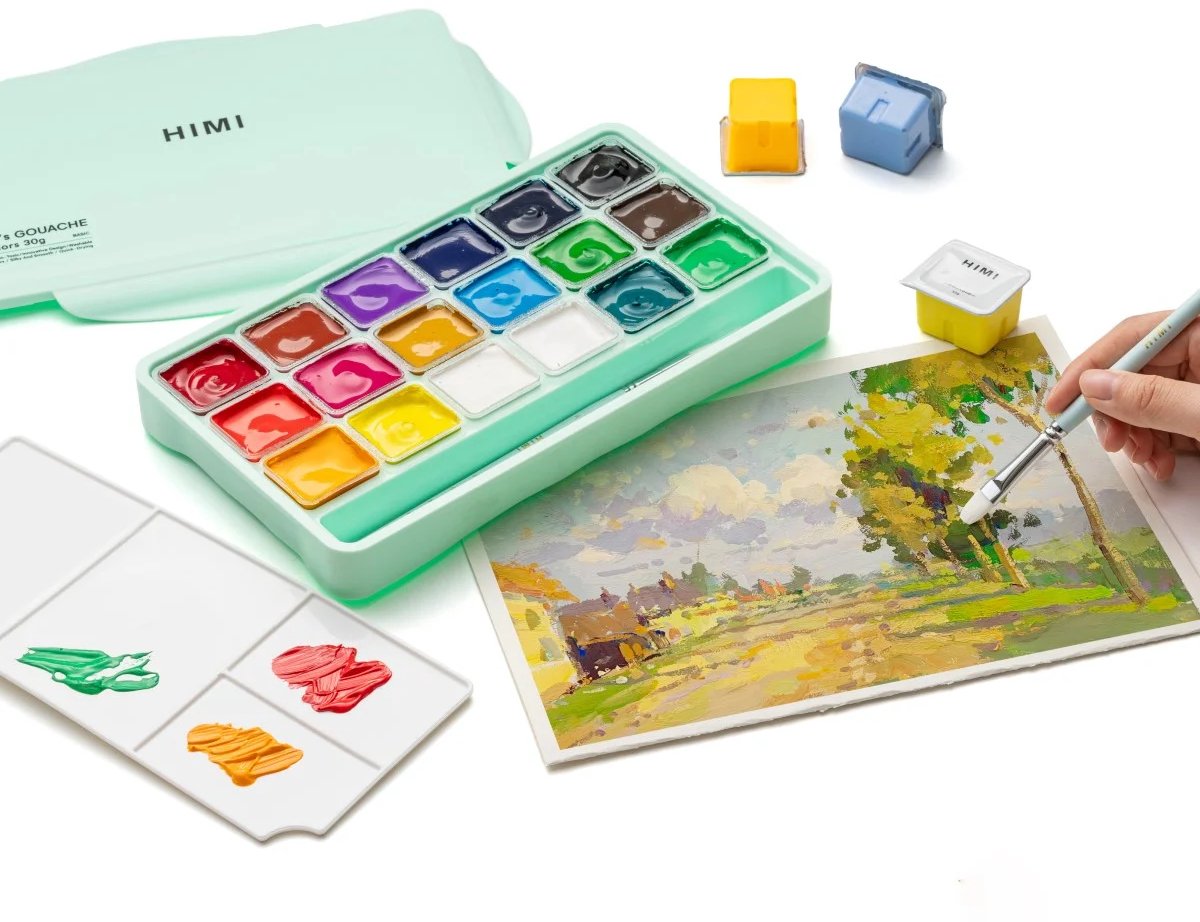 HIMI - Gouache - set van 18 kleuren - 30gr - 3 penselen - Groen — afbeelding 5