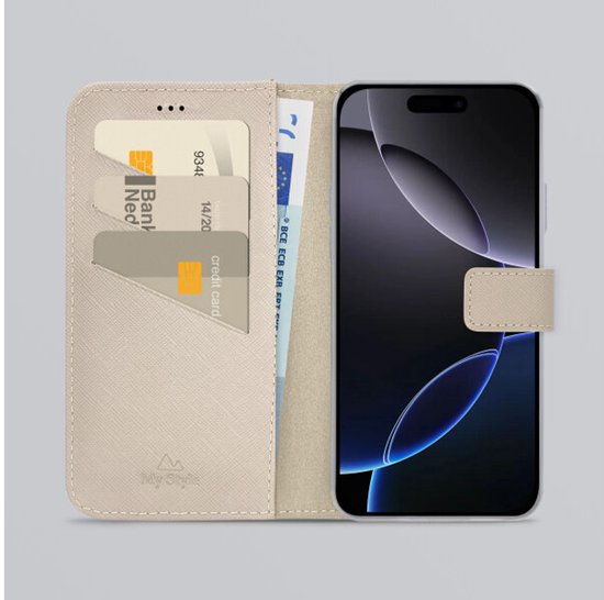 Étui téléphone My Style crème, ouvert avec téléphone, 3 cartes et un billet.