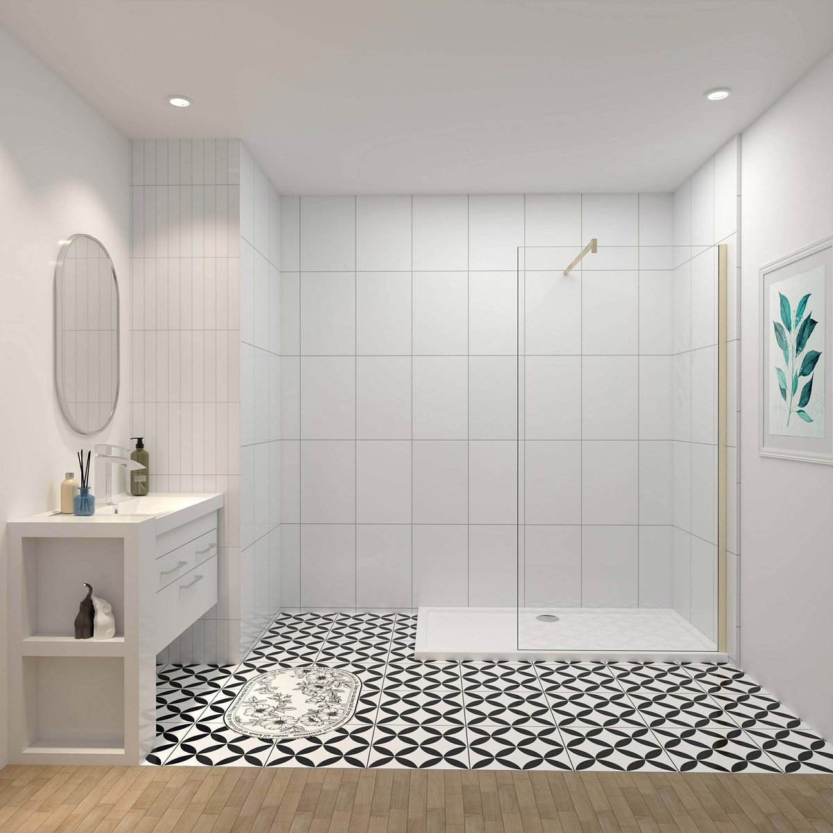 90x200cm inloopdouche, 10 mm helder easy-clean gehard glas, stabilisatiestang 90cm (kan worden gesneden), goud.