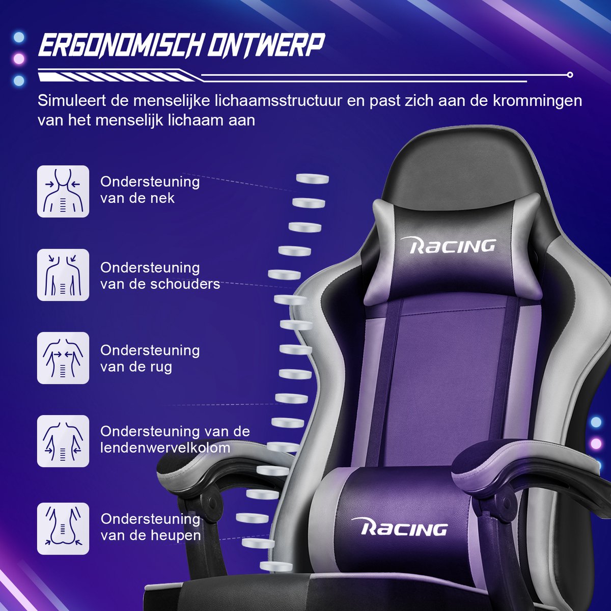 Afbeelding 2 van Elekiatech Gaming Stoel - Gamestoel mit 90°-170° Rugleuning - Gaming Chair met Inklapbare Voetensteun - Game Stoel met Zachte Armleuningen - Max. Draagvermogen 150 kg