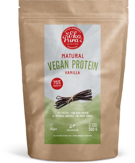 Voorkant van Ekopura Natural Vegan Protein Vanilla verpakking met logo en ingrediënten.