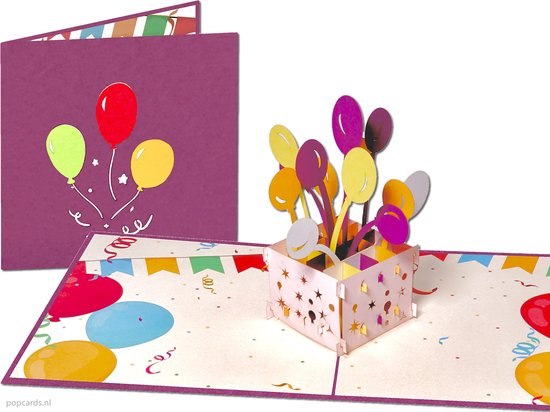 Popcards popupkaarten - Box met vrolijke Ballonnen Verjaardag Felicitatie pop-up kaart 3D wenskaart