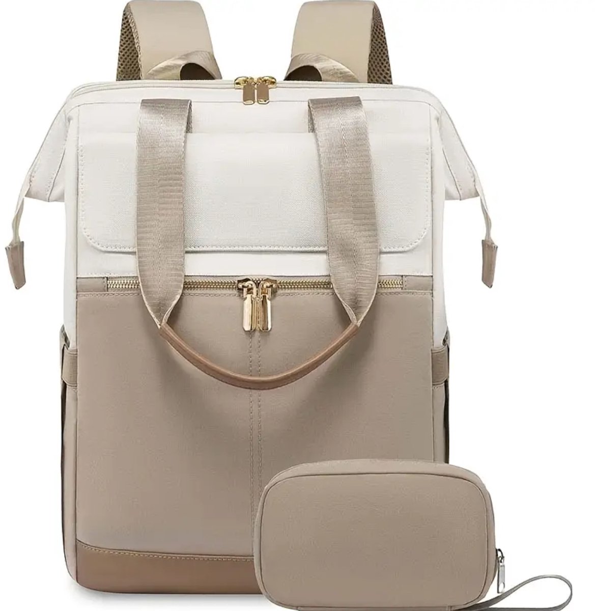 Ultiluxe® Rugzak met tasje - 2 stuks - Beige/creme/bruin - 40 x 31 x 15 cm - Laptoptas voor 15.6 inch laptop - Waterbestendig - Rugtas voor dames/meiden - Portemonnee, make-uptas, handtas - 2-delige set met kleine tas