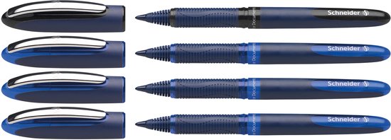 Quatre stylos roller Schneider bleus, avec et sans capuchon, clips argentés.