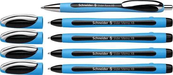 Vier blauwe Schneider Slider Memo pennen en één blauwe Schneider Slider Rave pen met zilverkleurige clip.
