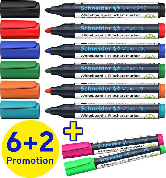 Promotion 6+2 : 8 marqueurs Schneider Maxx 290 noirs, rouges, bleus, verts, oranges, cyan, roses et verts.