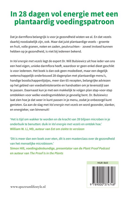 Achterkant van het boek 'Vol energie met vezels', met tekst over de inhoud en een korte samenvatting van recensies.