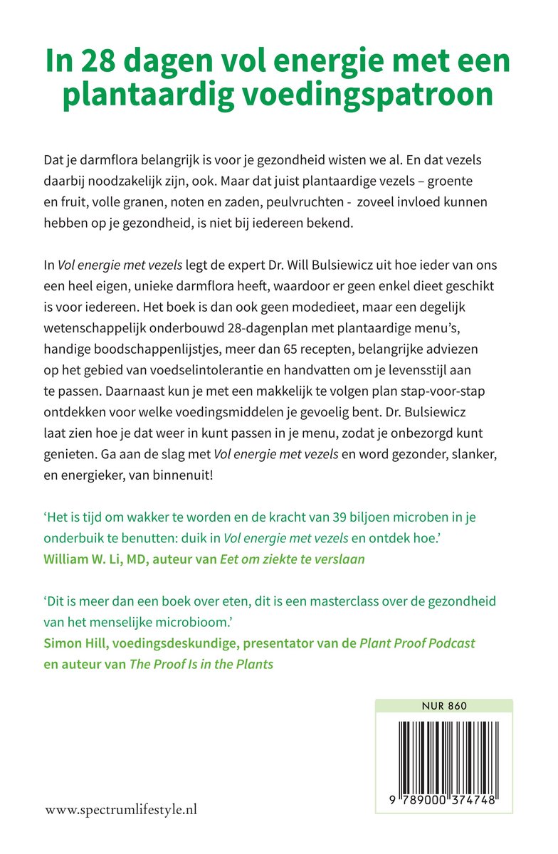 Achterkant van het boek 'Vol energie met vezels', met tekst over de inhoud en een korte samenvatting van recensies.