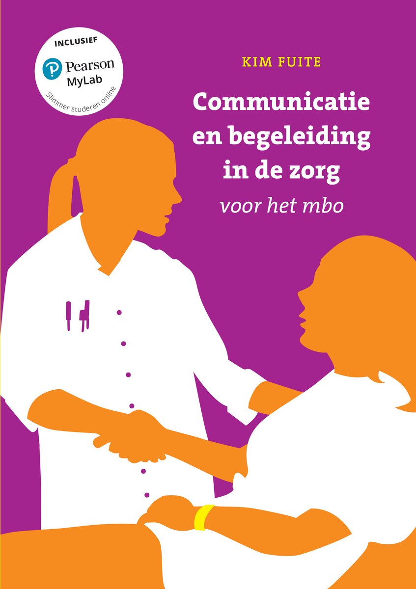 De paarse kaft toont twee oranje silhouetten, een zorgverlener en een patiënt, die elkaar de hand schudden. Rechtsboven staat de titel in het wit.