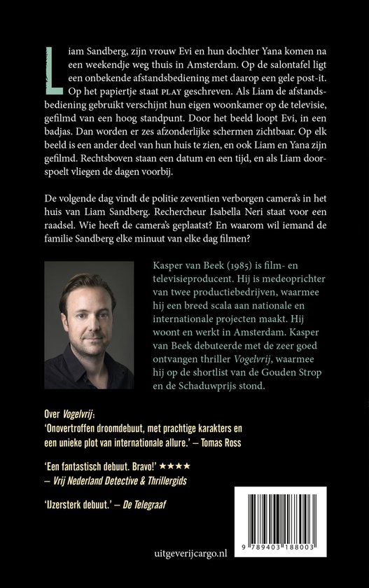 Achterkant van het boek 'De Honger'. Met een foto van Kasper Van Beek en recensies.