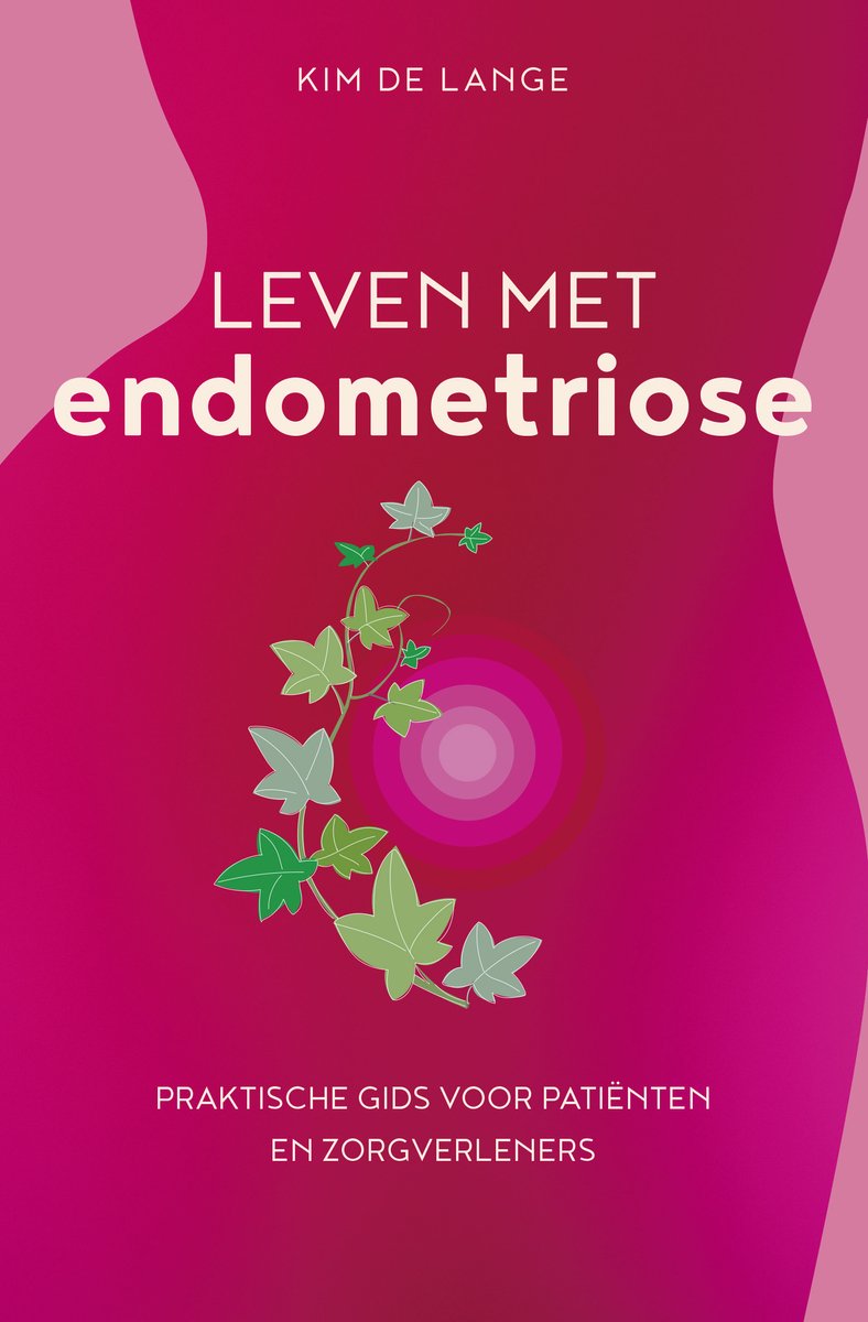 Boek "Leven met endometriose" met een roze silhouet, klimop en tekst.