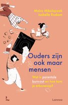 Boekomslag met illustratie van ouders en kinderen in panieksituaties, tekst 'Ouders zijn ook maar mensen'.