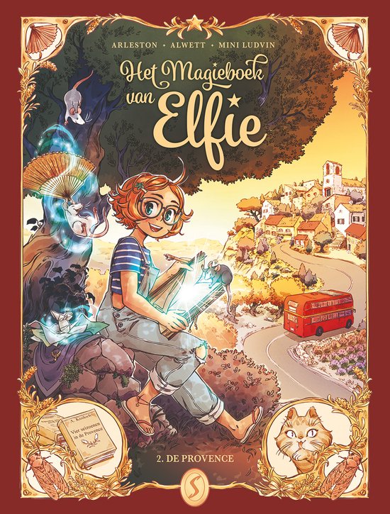 Elfie, met een bril en oranje haar, zit op een steen. Ze draagt een blauw gestreept shirt en een spijkerbroek. Ze houdt een glimmend boek vast. Op de achtergrond een dorp in de Provence en een rode dubbeldekker bus.