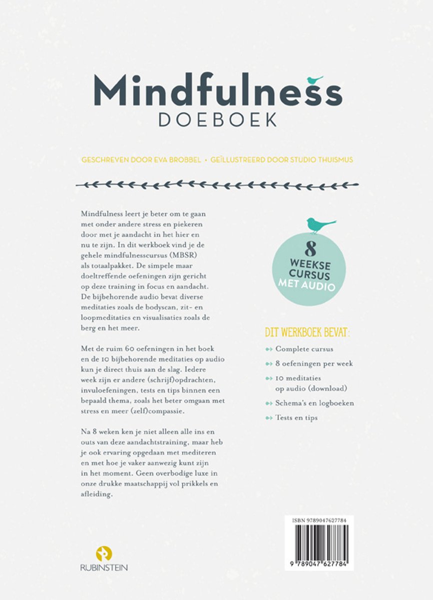 Achterkant van het boek 'Mindfulness Doeboek', met de tekst '8 WEEKS CURSUS MET AUDIO' en de inhoudsopgave. Grijze achtergrond met gouden en blauwe illustraties.