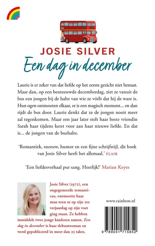 Boek "Een dag in december" met een rode dubbeldekker bus boven de titel en een portret van de auteur Josie Silver.