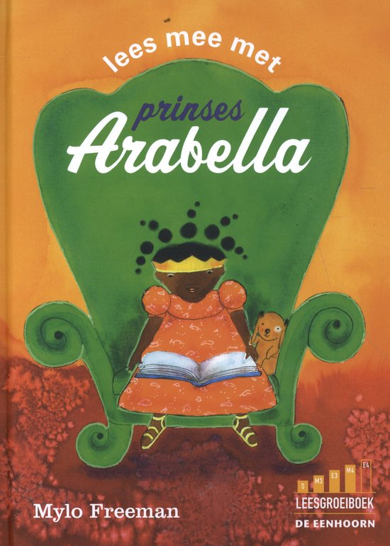 Boek "Lees mee met Prinses Arabella" met illustratie van een meisje met een kroon en een pop op een groene stoel.