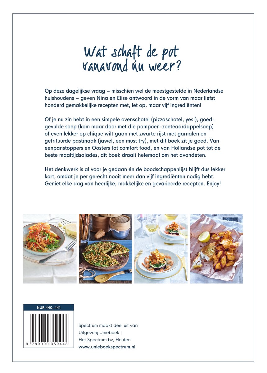 Achterkant van het "Chickslovefood" kookboek met recepten en voorbeelden van gerechten.