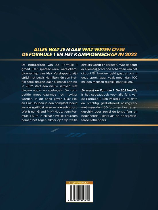 Boek "Alles wat je maar wilt weten over de Formule 1 en het kampioenschap in 2022". Achterkant met barcode.