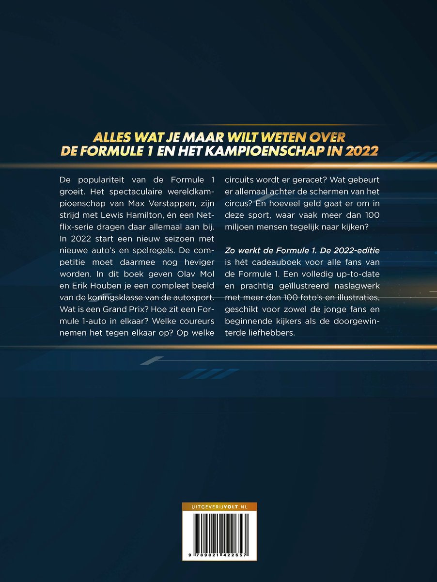 Boek "Alles wat je maar wilt weten over de Formule 1 en het kampioenschap in 2022". Achterkant met barcode.