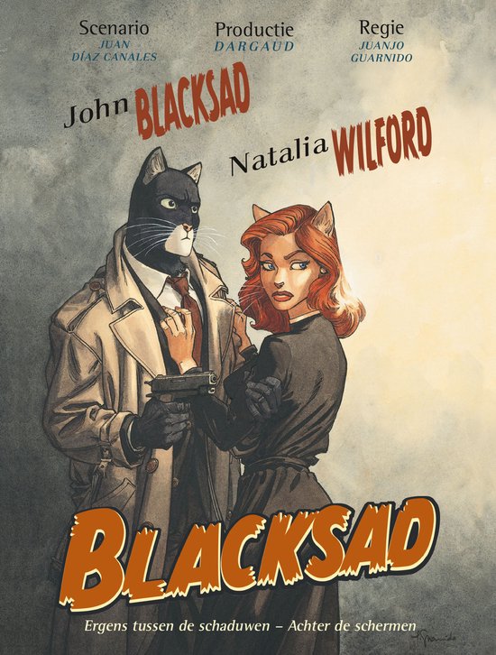 John Blacksad, een zwarte kat in trenchcoat, en Natalia Wilford, een roodharige vrouw, staan schouder aan schouder.