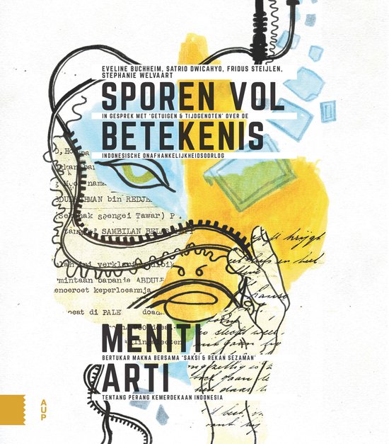 Titelpagina met illustratie van een gezicht en tekst. Kleuren: geel, blauw, zwart, wit.