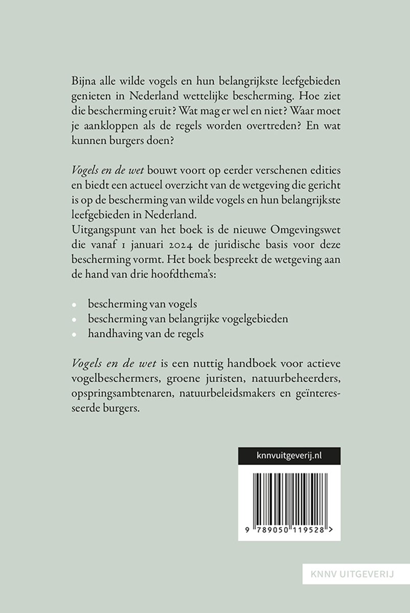 Boek "Vogels en de wet" met tekst over vogelbescherming en wetgeving.