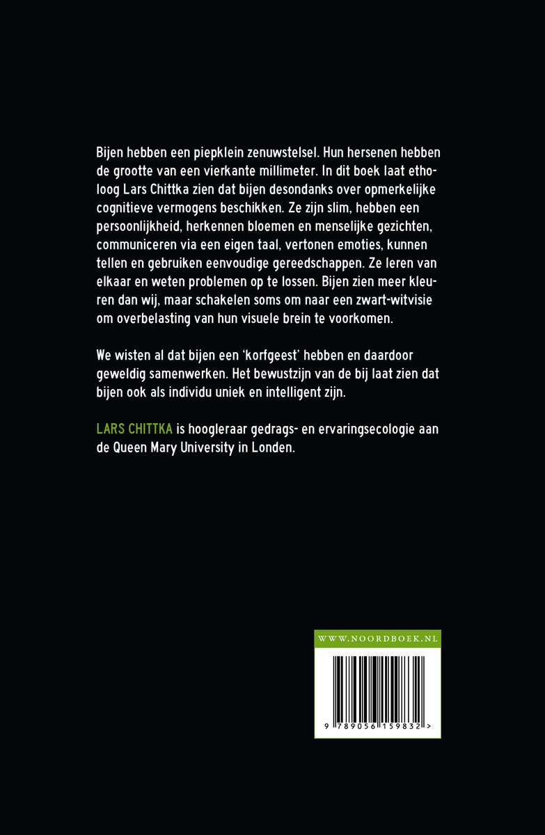 Achterkant van het boek 'Het bewustzijn van de bij' met tekst over bijen en een barcode.