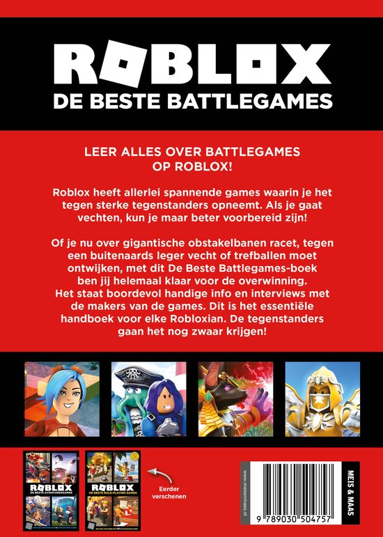 Roblox: De Beste Battle Games boek met een rood vlak en tekst. Vier kleinere afbeeldingen van Roblox-personages onderaan.