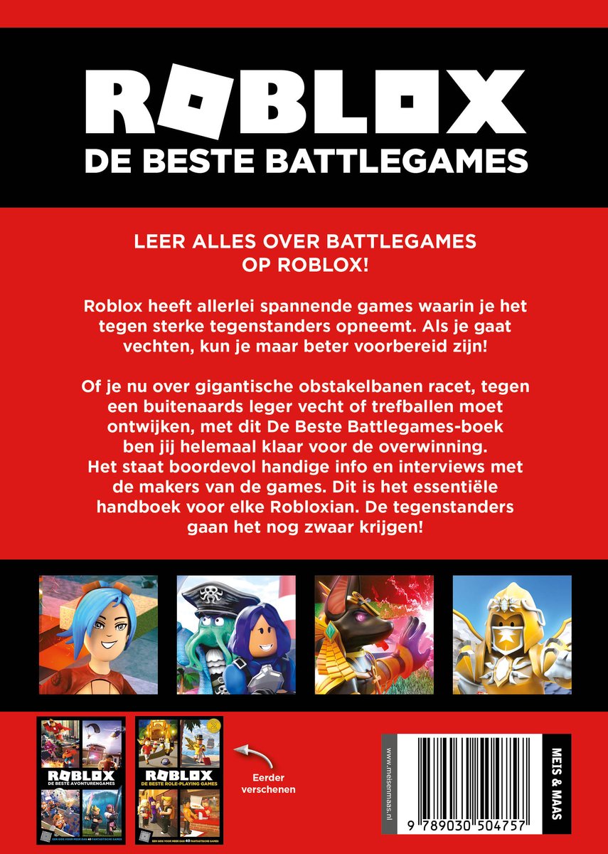 Roblox: De Beste Battle Games boek met een rood vlak en tekst. Vier kleinere afbeeldingen van Roblox-personages onderaan.