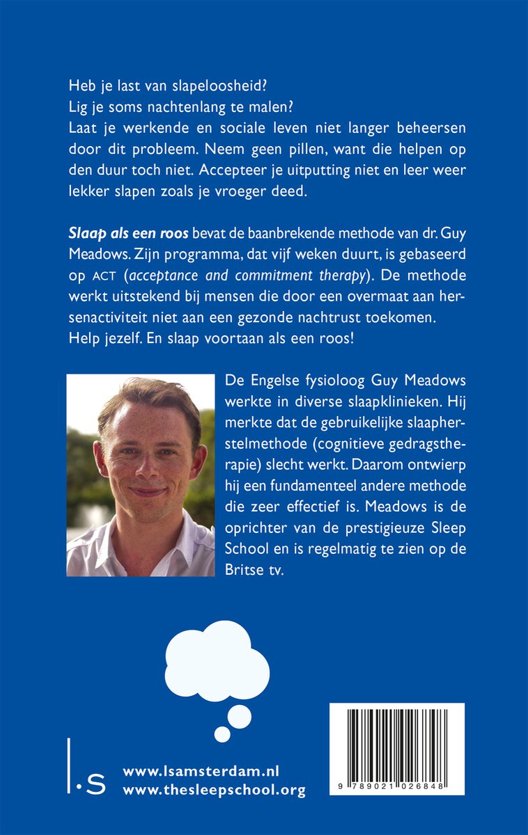 Man met kort bruin haar en glimlach, staand, met tekst over slaaptherapie en de auteur Guy Meadows.