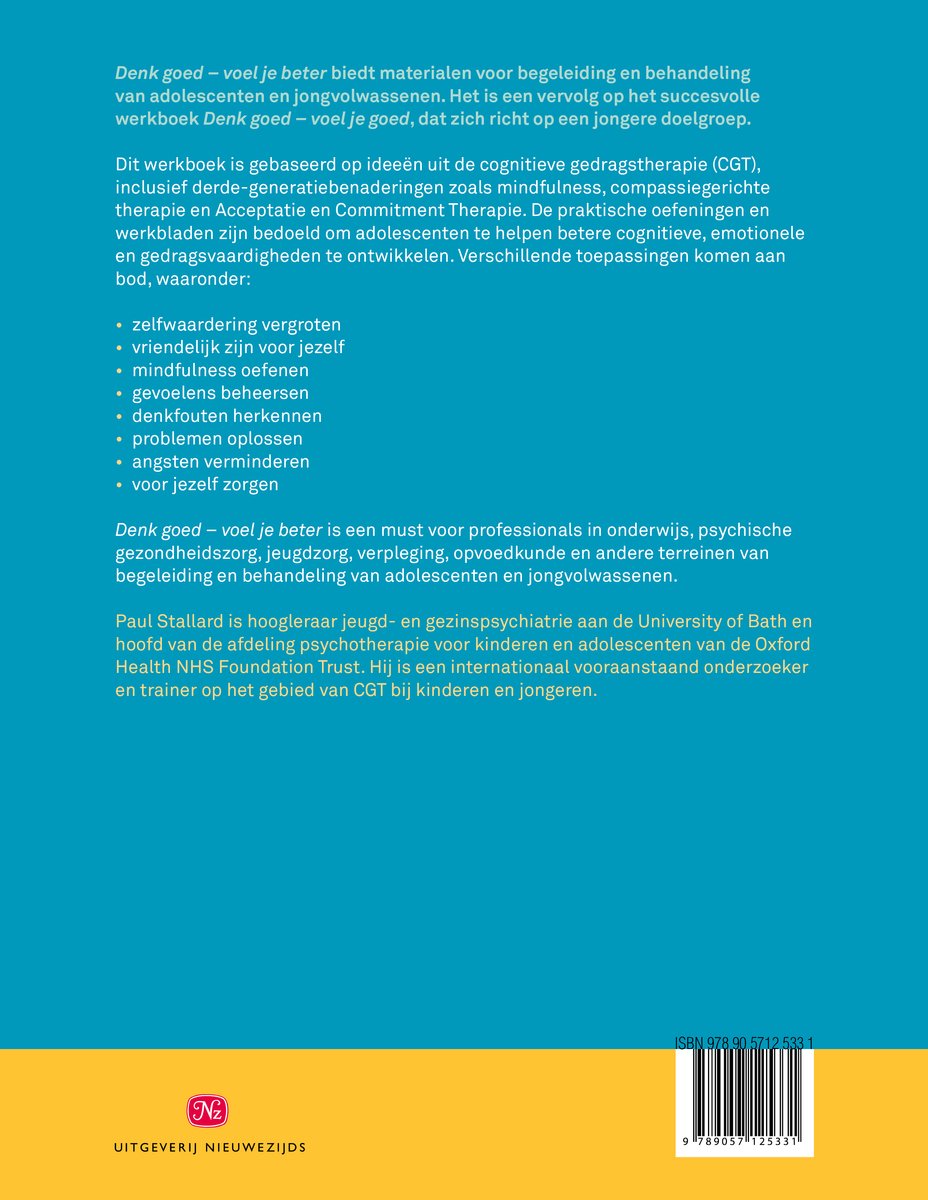 Achterkant van een boek met tekst over cognitieve gedragstherapie voor adolescenten en jongvolwassenen. Barcode en ISBN 978-90-79571-23-1.