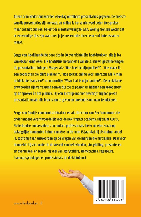 Grijze achtergrond met tekst over presentaties en een hand in de hoek.