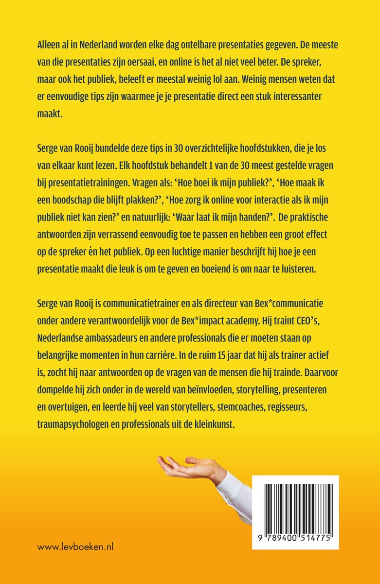 Grijze achtergrond met tekst over presentaties en een hand in de hoek.