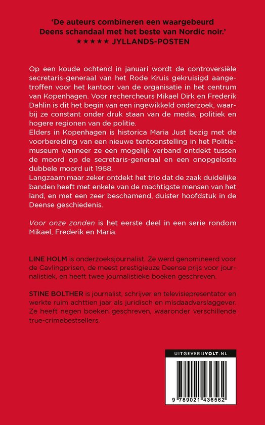 Boekomslag met rode achtergrond. Tekst in het Nederlands over 'Deense geschiedenis' en 'Jyllands-Posten'. EAN-barcode onderaan.