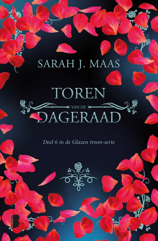 Boekcover met de titel 'Toren van de dageraad', deel 6 van de Glazen troon-serie. Achtergrond met roze rozenblaadjes.